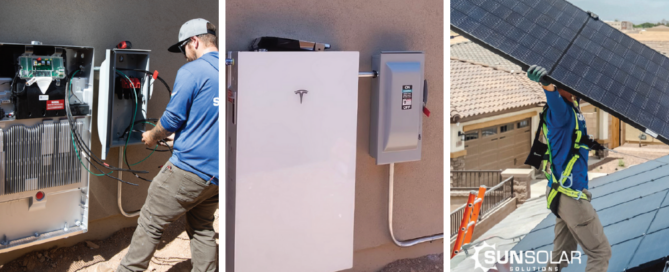 Three-panel collage showing Sunsolar Solutions workers installing solar panels and Tesla Powerwall systems on a rooftop.