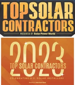 Top Solar Contractors 2023 award badge presented by Solar Power World, celebrating U.S. solar installers